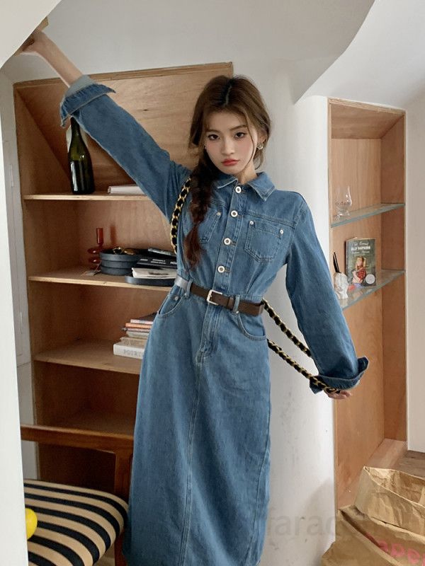 여자 봄 가을 데님 롱 원피스 슬림핏 일자핏 셔츠 카라 청원피스 벨트 세트 데일리 캐주얼 버튼 드레스 4857 - 상세 이미지 2