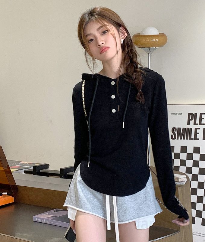 여자 데일리 루즈핏 솔리드 버튼 후드티 긴팔 티셔츠 편안한 면스판 헨리넥 코튼 기본 캐주얼 일상룩 후드티셔츠 봄 가을 8223 - 상세 이미지 4