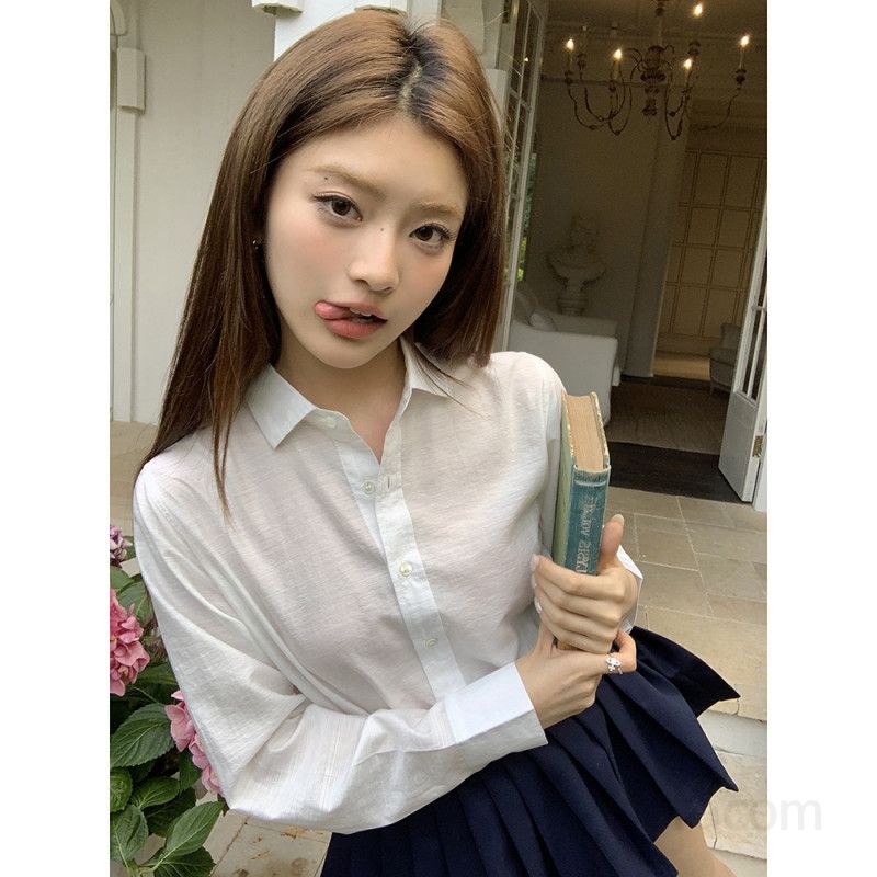 여자 봄 가을 긴팔 베이직 루즈핏 솔리드 셔츠 기본 카라 데일리 남방 오피스룩 블라우스 8538 - 상세 이미지 2