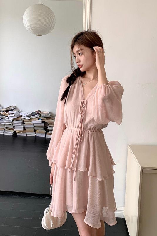 여자 러블리 V넥 캉캉 티어드 미니 원피스 쉬폰 소재 슬림핏 허리 스트랩 봄 가을 데이트 드레스 8217 - 상세 이미지 4