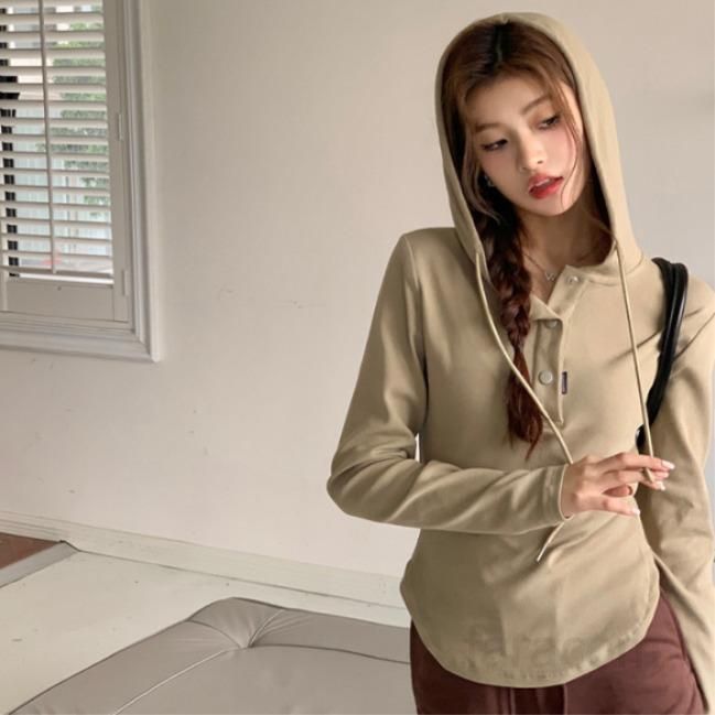 여자 데일리 루즈핏 솔리드 버튼 후드티 긴팔 티셔츠 편안한 면스판 헨리넥 코튼 기본 캐주얼 일상룩 후드티셔츠 봄 가을 8223 - 메인 이미지