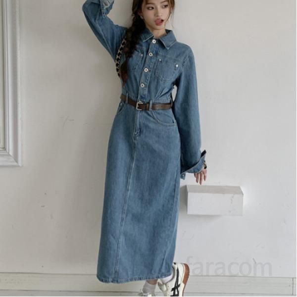 여자 봄 가을 데님 롱 원피스 슬림핏 일자핏 셔츠 카라 청원피스 벨트 세트 데일리 캐주얼 버튼 드레스 4857