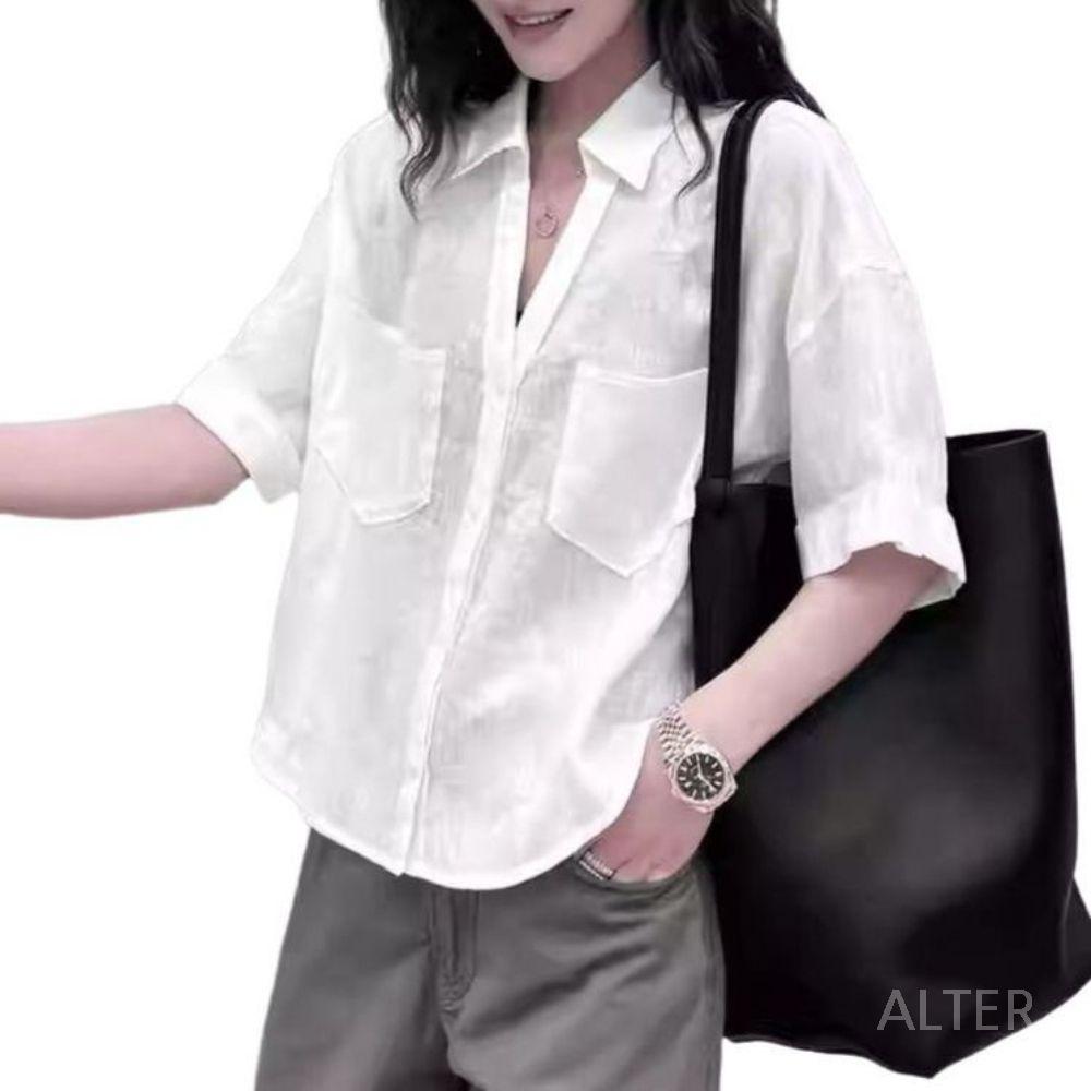 여성 셔츠 블라우스 V넥 여름 린넨 상의 반팔 화이트 L - 상품 이미지