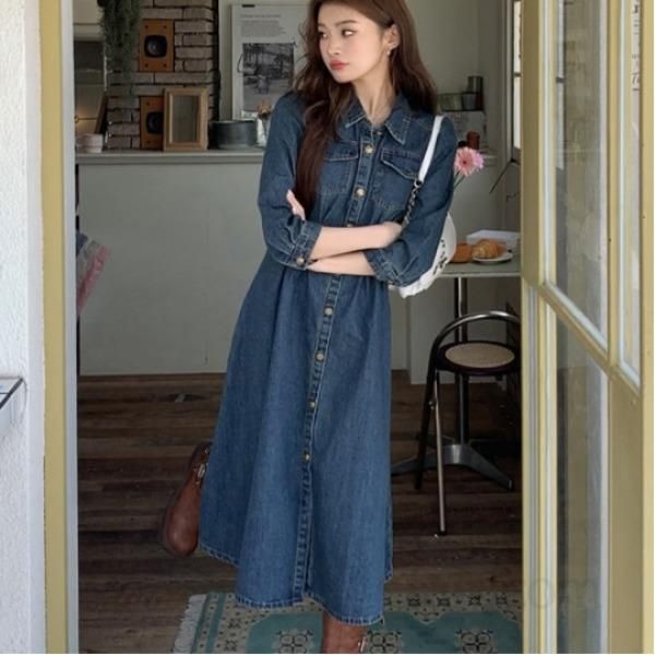 여자 봄 가을 데일리 카라 데님 원피스 A라인 7부소매 미디 롱 청원피스 버튼 루즈핏 드레스 다양한 사이즈 4858