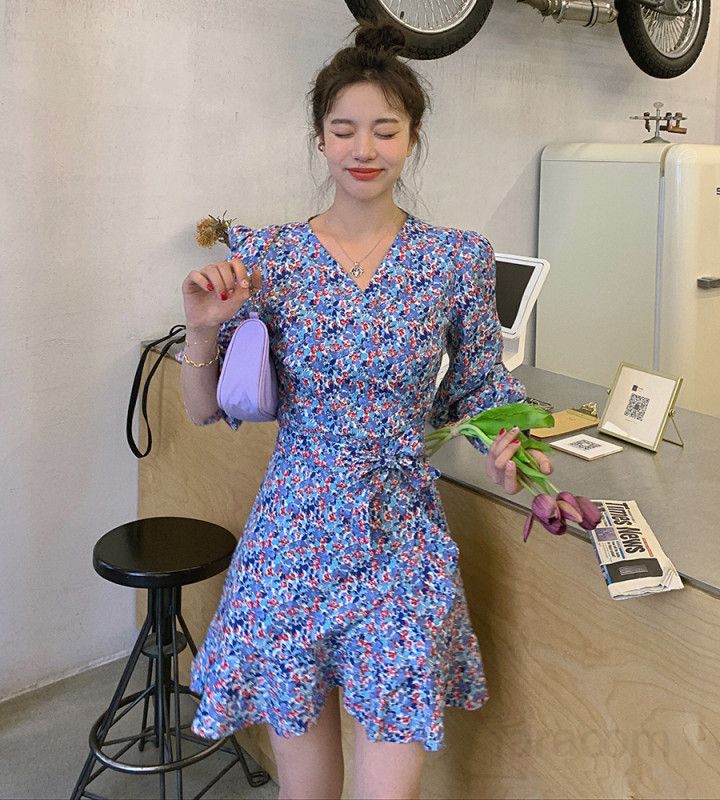 여자 레트로 플라워패턴 V넥 하이웨스트 긴팔 A라인 미니원피스 차분한 데일리 하객룩 봄 가을 4154