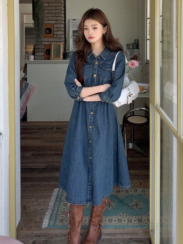 여자 봄 가을 데일리 카라 데님 원피스 A라인 7부소매 미디 롱 청원피스 버튼 루즈핏 드레스 다양한 사이즈 4858 - 상세 이미지 2