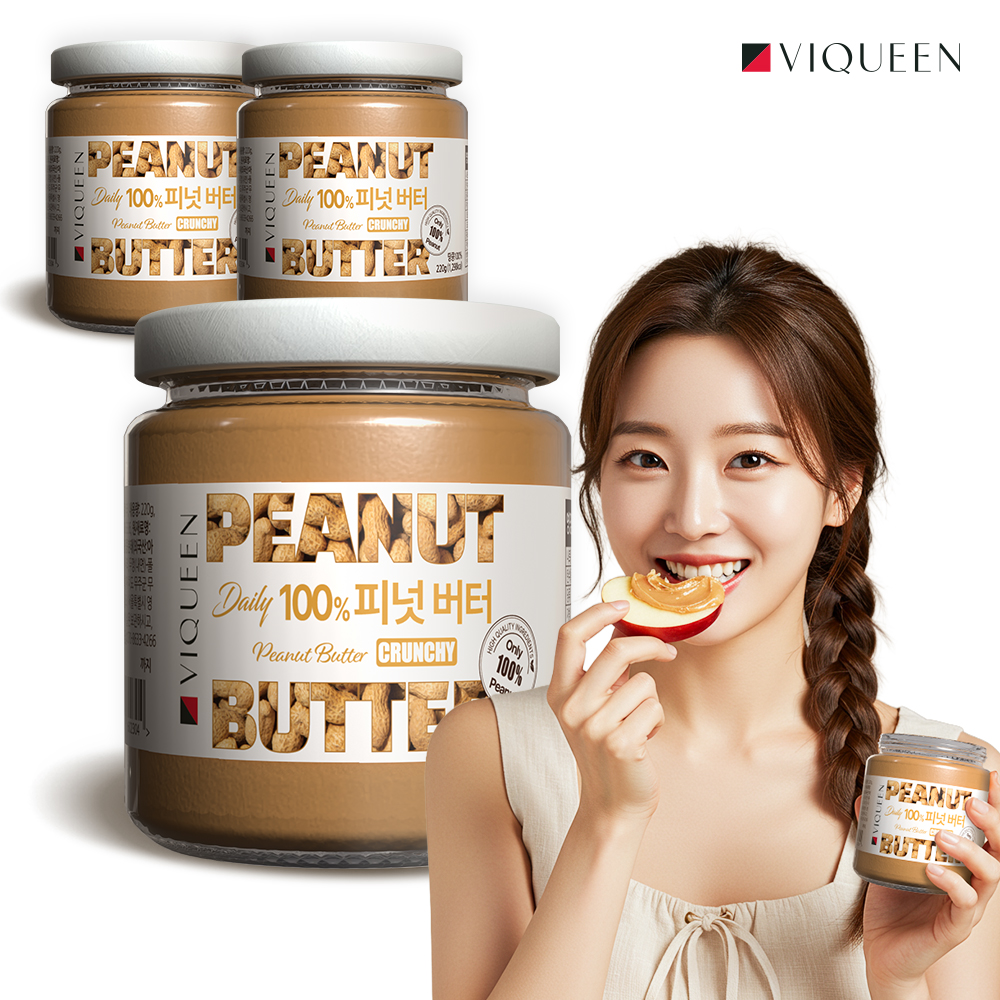 바이퀸 데일리 100% 땅콩버터 피넛버터 크런치 무첨가 220g, 3개