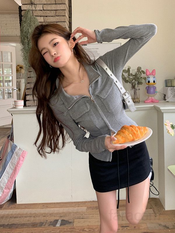 여자 폴로넥 크롭 집업 긴팔 티셔츠 슬림핏 골지 스판 데일리 간절기 포켓 카라 숏자켓 티 8235 - 상세 이미지 3
