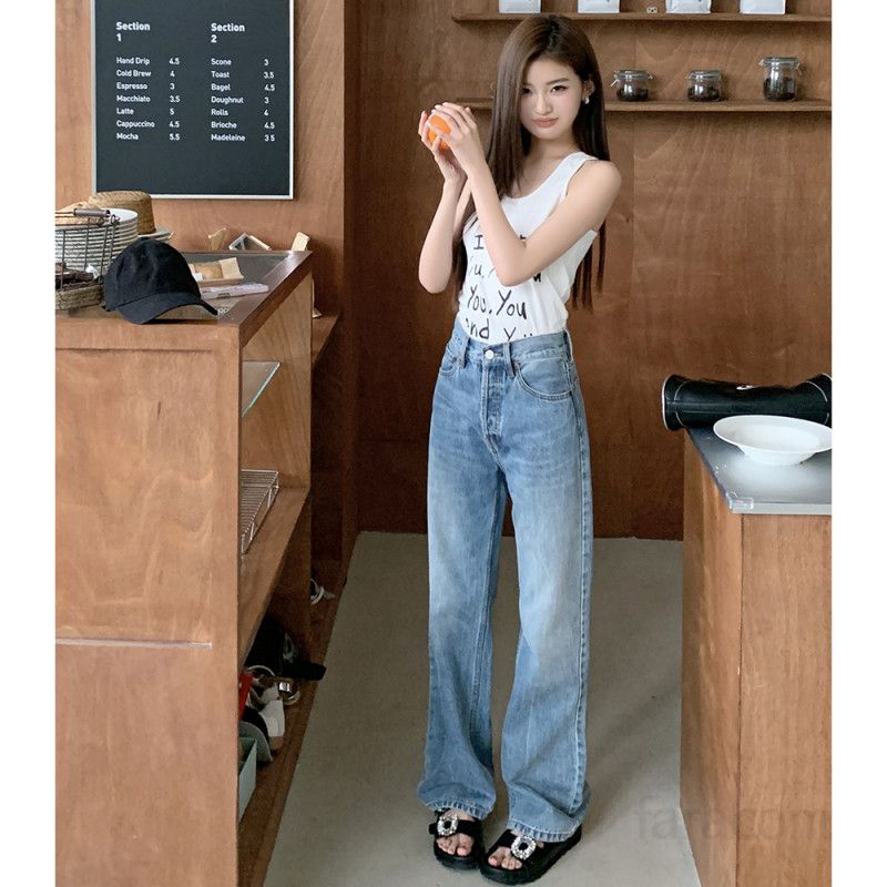 여자 하이웨스트 롱기장 워싱 와이드 데님 청바지 루즈핏 일자 팬츠 기본 바지 봄 가을 4831 - 상세 이미지 4