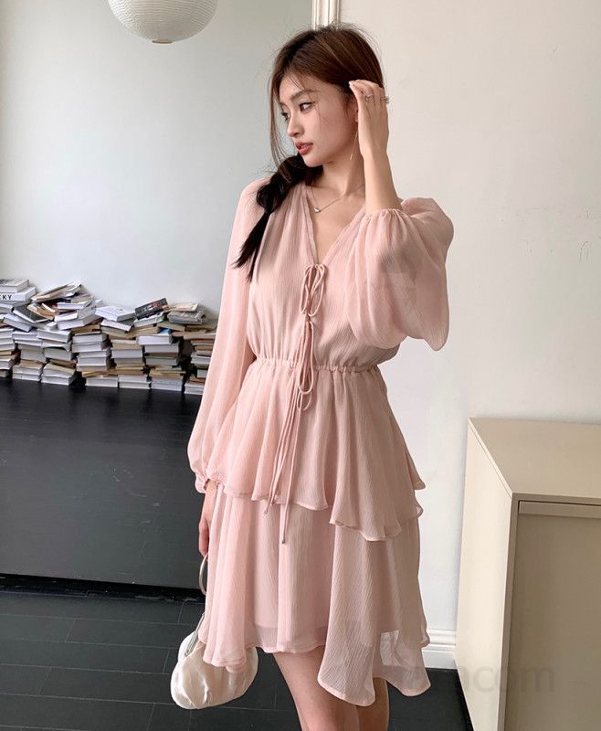여자 러블리 V넥 캉캉 티어드 미니 원피스 쉬폰 소재 슬림핏 허리 스트랩 봄 가을 데이트 드레스 8217 - 상세 이미지 2