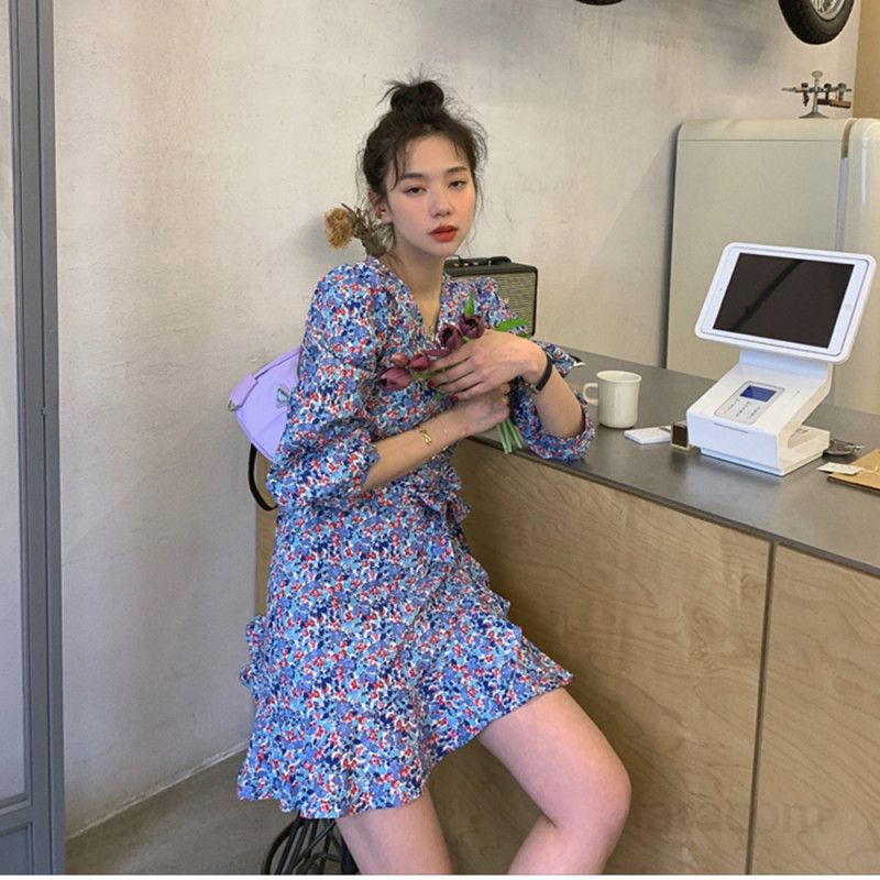 여자 레트로 플라워패턴 V넥 하이웨스트 긴팔 A라인 미니원피스 차분한 데일리 하객룩 봄 가을 4154 - 상세 이미지 5