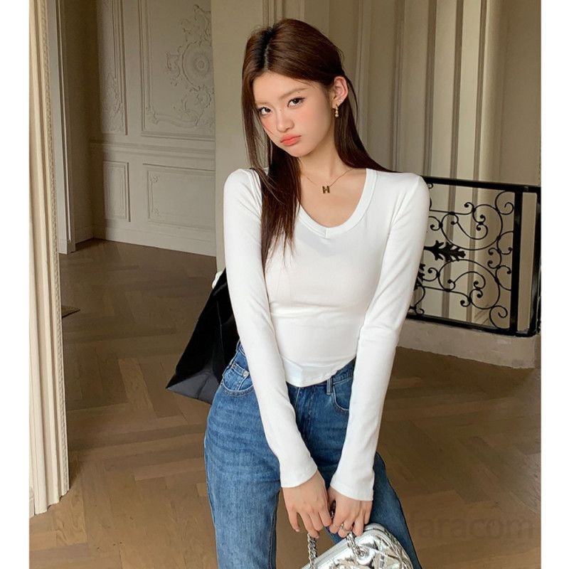 여자 봄 가을 U넥 헨리넥 골지 긴팔 티셔츠 언발란스 밑단 슬림핏 스판 데일리룩 이너티 8541 - 상품 이미지