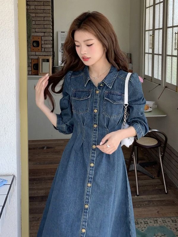 여자 봄 가을 데일리 카라 데님 원피스 A라인 7부소매 미디 롱 청원피스 버튼 루즈핏 드레스 다양한 사이즈 4858 - 상세 이미지 3