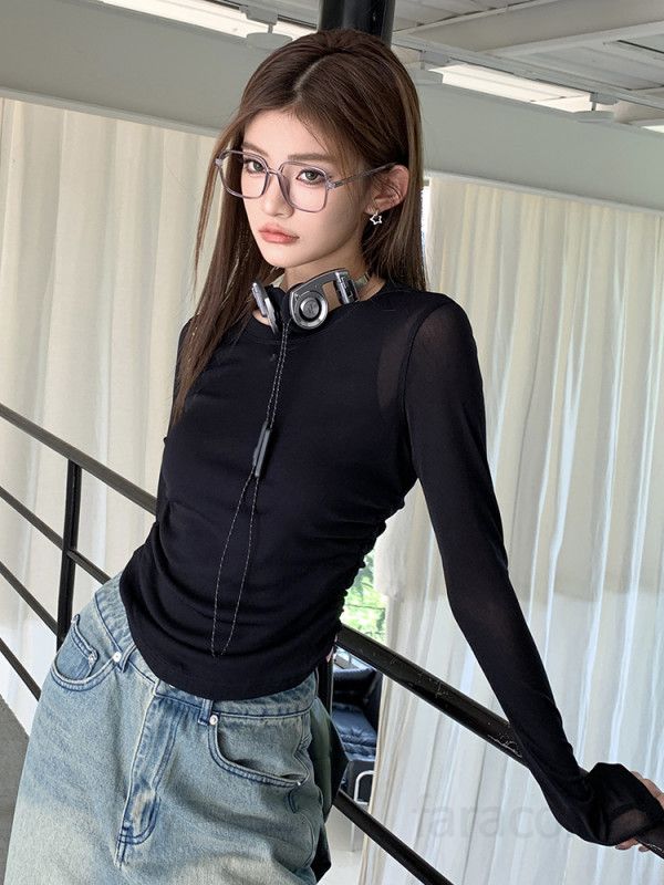 여자 슬림핏 시스루 메쉬 긴팔 라운드넥 크롭 티셔츠 데일리 기본 심플 코디 봄 가을 8301 - 상세 이미지 2