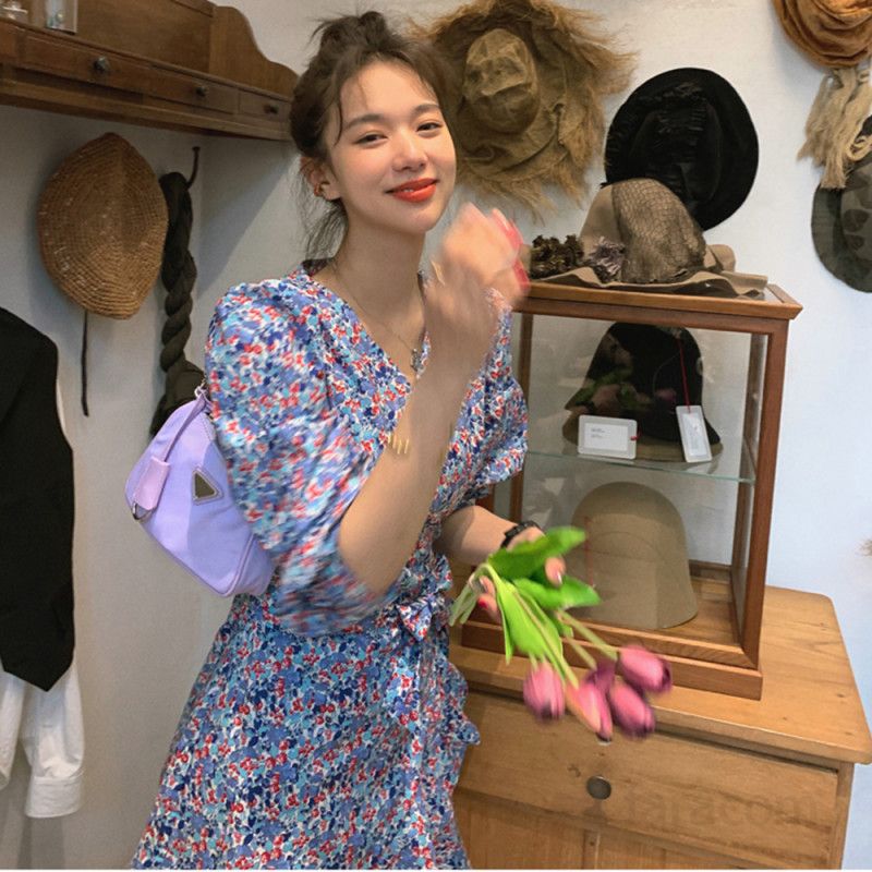 여자 레트로 플라워패턴 V넥 하이웨스트 긴팔 A라인 미니원피스 차분한 데일리 하객룩 봄 가을 4154 - 상세 이미지 2
