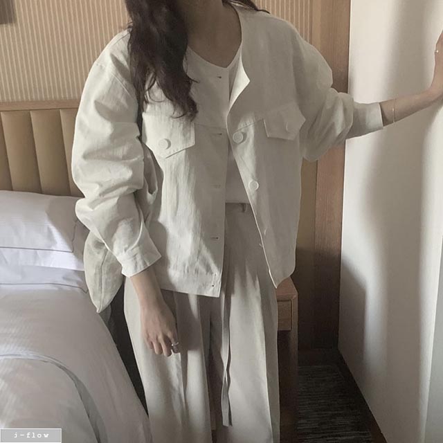 코츠 라운드 버튼 루즈핏 야상 자켓 3col 여름 린넨 긴팔 노카라 데일리 제이플로우 이미지 6