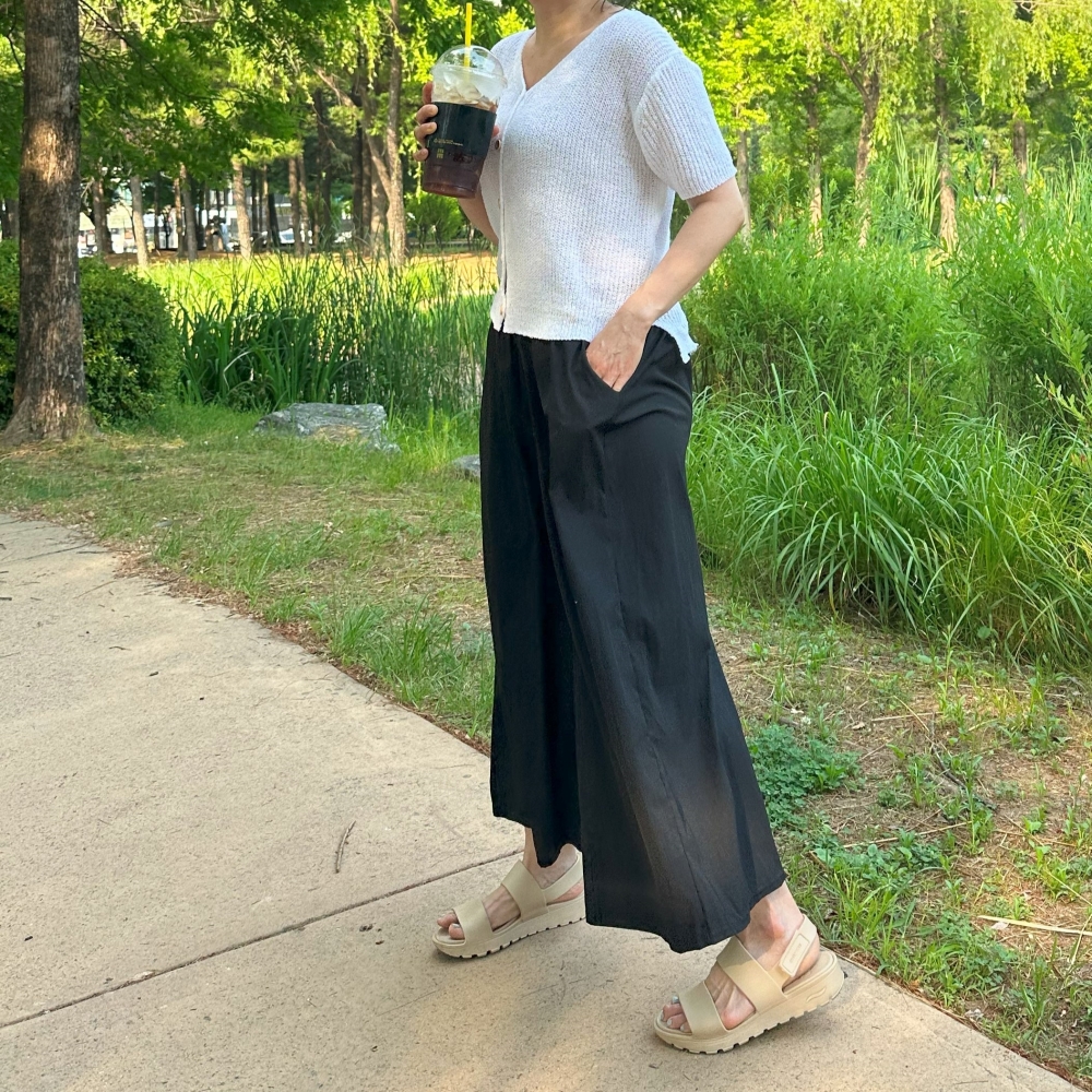 빅사이즈 77 88 바스락 와이드 팬츠 여성 9부 밴딩 치마 바지 플레어 슬랙스 블랙 차콜 - 상세 이미지 5