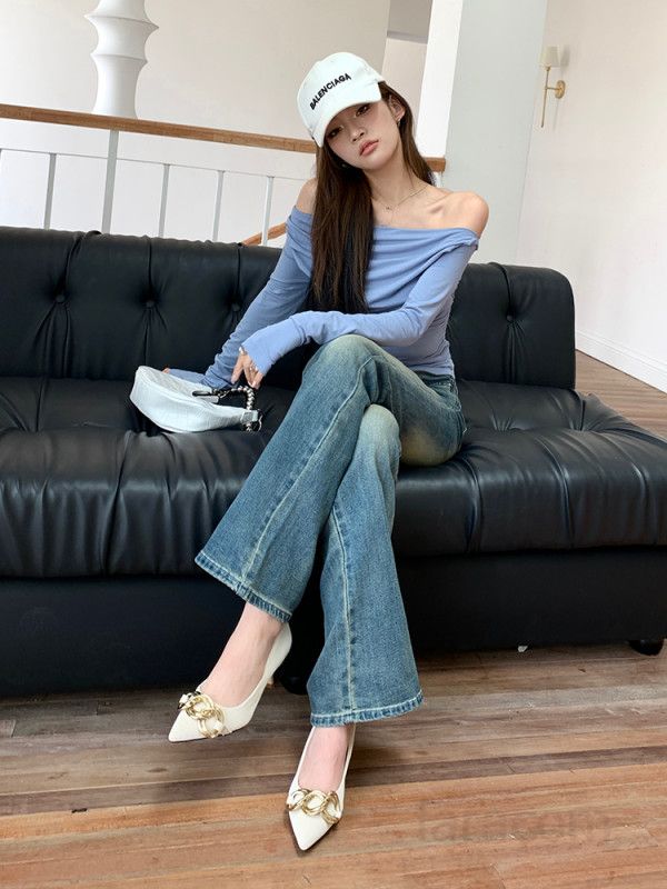 여자 봄 가을 하이웨스트 부츠컷 워싱 데님 팬츠 스판 중청 롱 청바지 데일리 캐주얼 여성스러운 바지 4855 - 상세 이미지 2