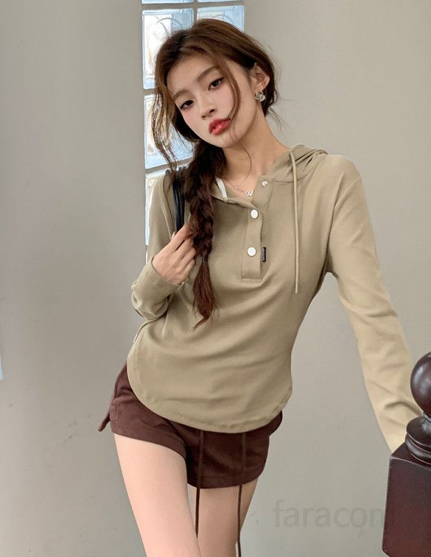 여자 데일리 루즈핏 솔리드 버튼 후드티 긴팔 티셔츠 편안한 면스판 헨리넥 코튼 기본 캐주얼 일상룩 후드티셔츠 봄 가을 8223 - 상세 이미지 3