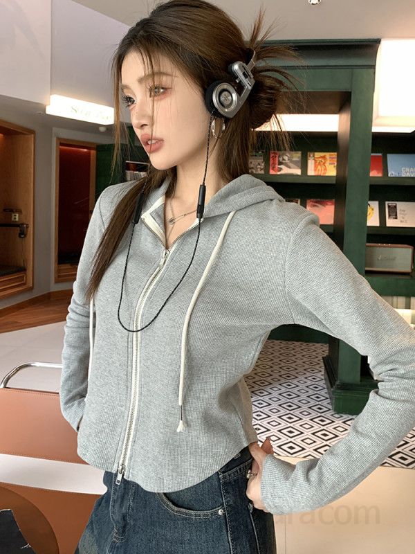 여자 슬림핏 골지 크롭 라운드밑단 후드집업 긴팔 티셔츠 데일리 캐주얼 집업 자켓 봄 가을 8249 - 상세 이미지 3