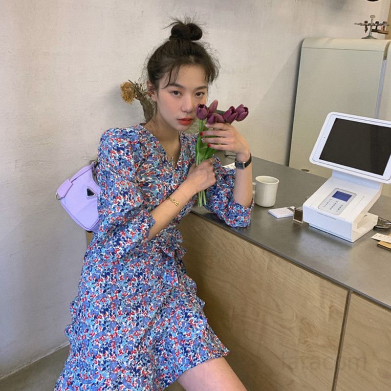 여자 레트로 플라워패턴 V넥 하이웨스트 긴팔 A라인 미니원피스 차분한 데일리 하객룩 봄 가을 4154 - 상세 이미지 3