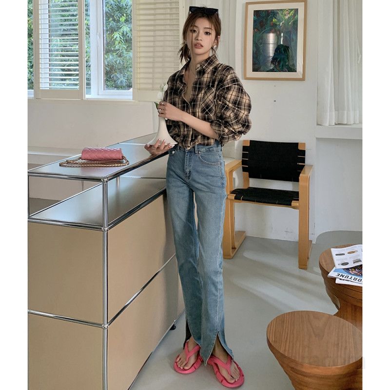 여자 하이웨스트 롱기장 밑단 슬릿 트임 스트레이트핏 데님 청바지 일자 팬츠 기본 바지 봄 가을 4851 - 상세 이미지 4