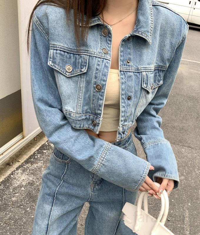 여자 봄 가을 Y2K 스트릿 크롭 청자켓 숏 데님 자켓 하이웨이스트 카라 포켓 데일리룩 아우터 4640 - 상세 이미지 2