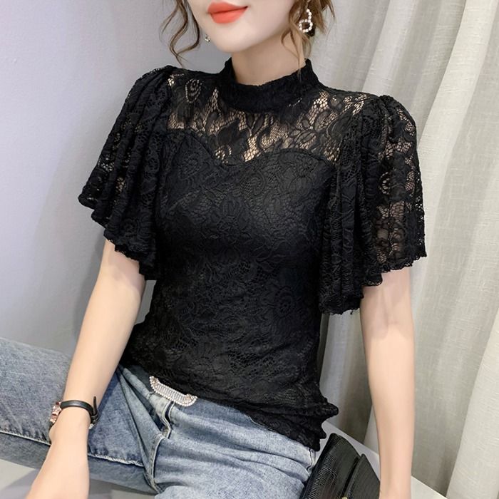 레이스 블라우스 하이넥 스포츠 라틴 라인댄스복 티셔츠 댄스 나팔소매 반팔 의상 - 상세 이미지 5