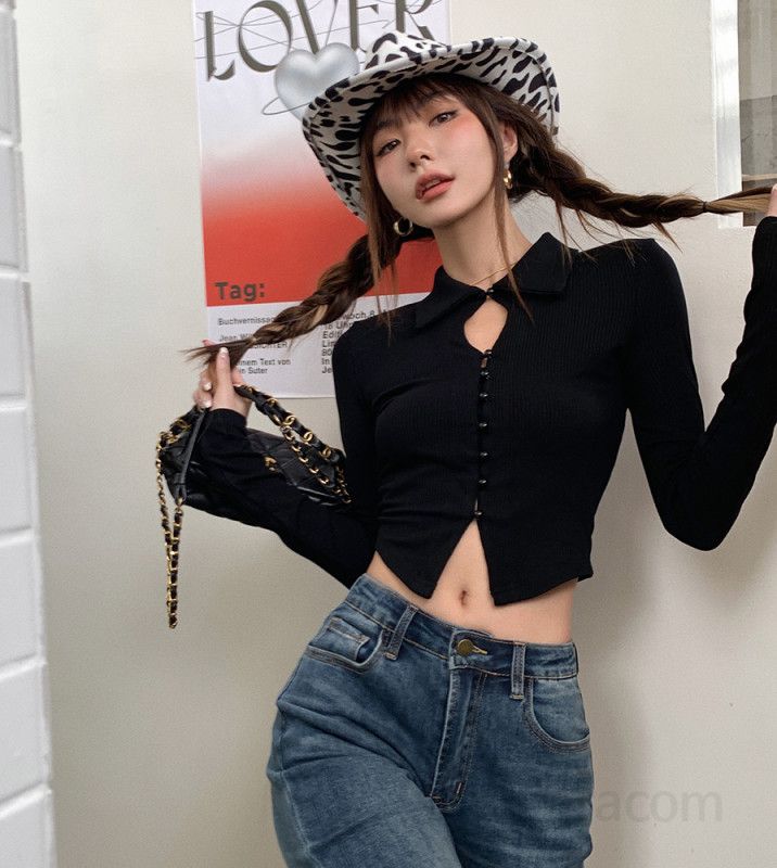 여자 봄 가을 프렌치무드 진주 버튼 키홀 카라 긴팔 골지 크롭 가디건 슬림핏 데일리룩 이너 블라우스 6844 - 상세 이미지 2