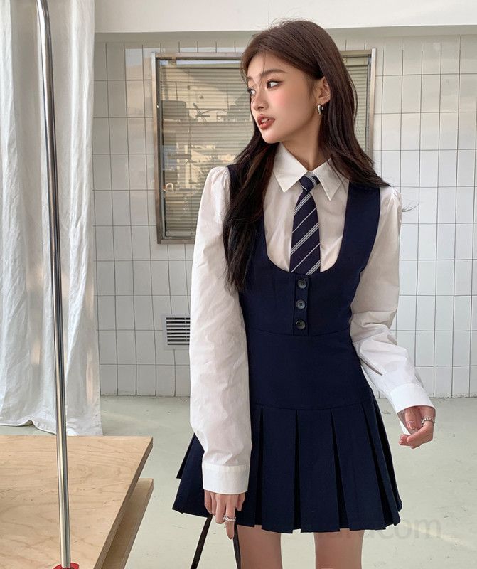 여자 봄 가을 프레피룩 하이웨이스트 뷔스티에 플리츠 미니 원피스 A라인 단정한 스쿨룩 하객룩 정장 원피스 8098 - 상세 이미지 3