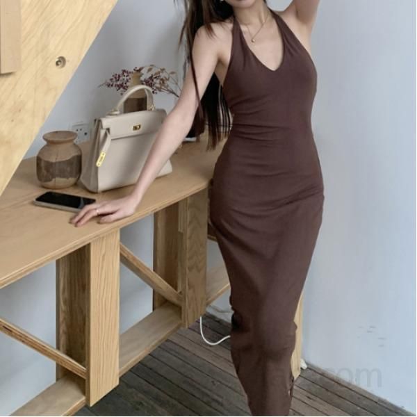 여자 봄 여름 홀터넥 백리스 브이넥 롱 슬립 원피스 슬림핏 파티룩 바캉스룩 모달 8372 - 상품 이미지
