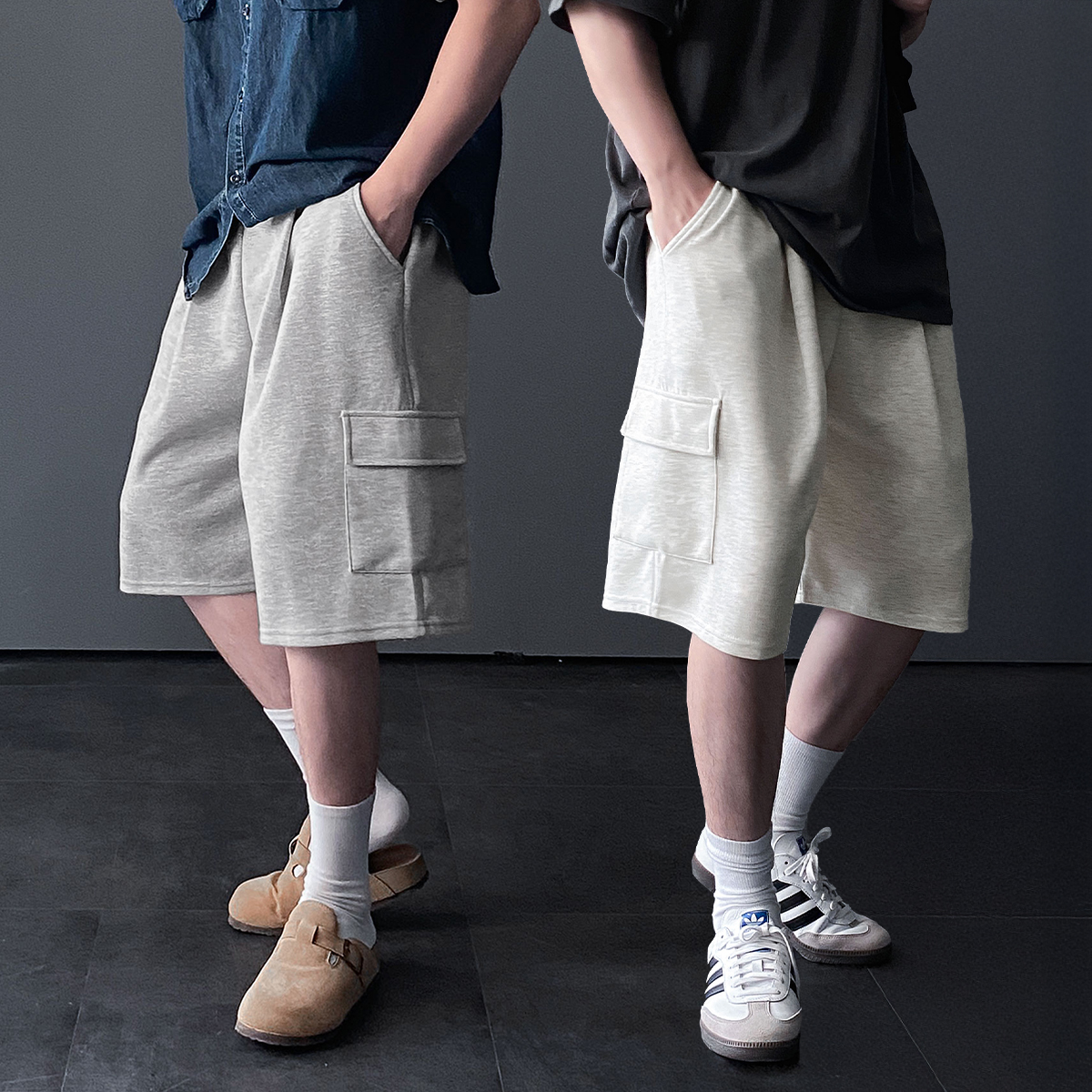 1+1 남성버뮤다팬츠 카고바지 회색반바지 와이드반바지 - 상품 이미지