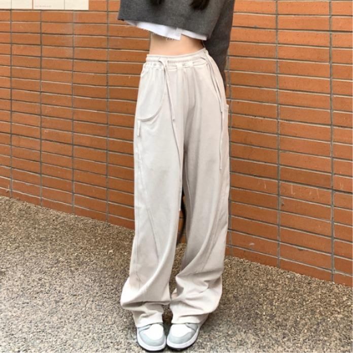 여자 봄 가을 핀턱 와이드 스웨트팬츠 허리밴딩 스트링 데일리룩 스트릿 롱 트레이닝 바지 코튼 면팬츠 4727 - 상품 이미지