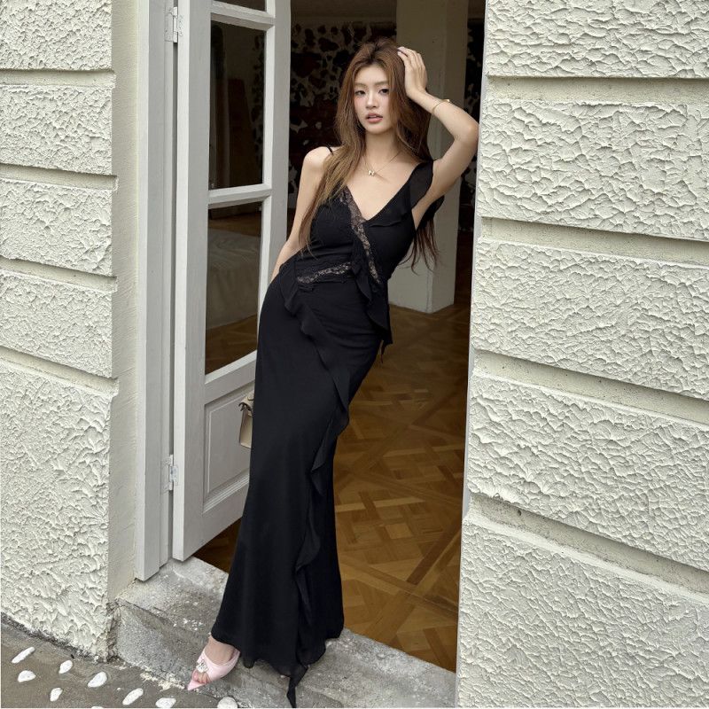 여자 봄 여름 우아한 레이스 사선프릴 롱 맥시 원피스 브이넥 백리스 슬림핏 파티룩 바캉스룩 8713 - 상세 이미지 2