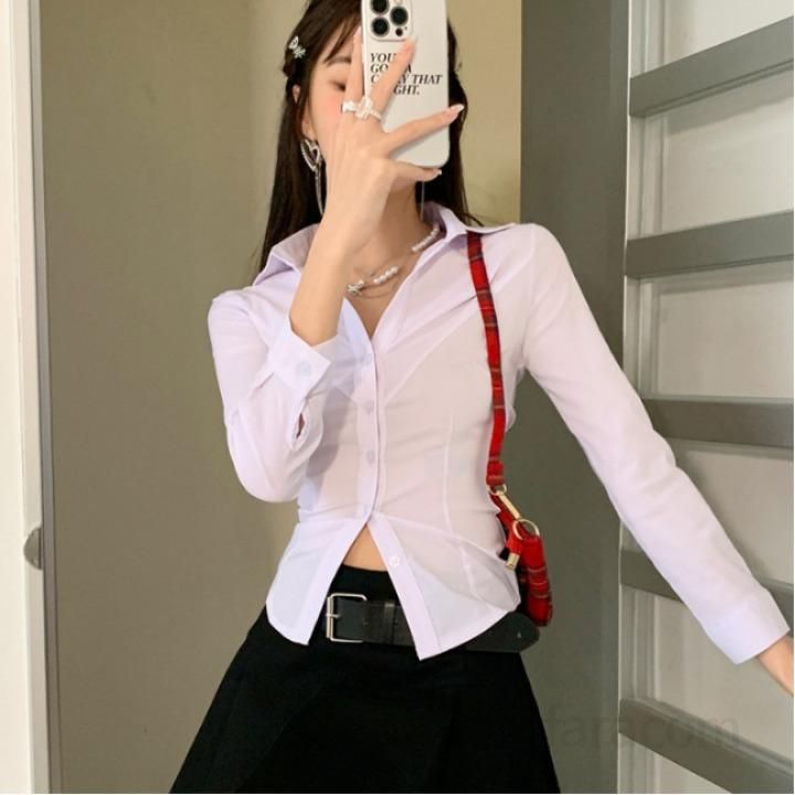 여자 봄 가을 슬림핏 카라 긴팔 셔츠 스판 오피스룩 정장 데일리 베이직 블라우스 6900 - 상품 이미지