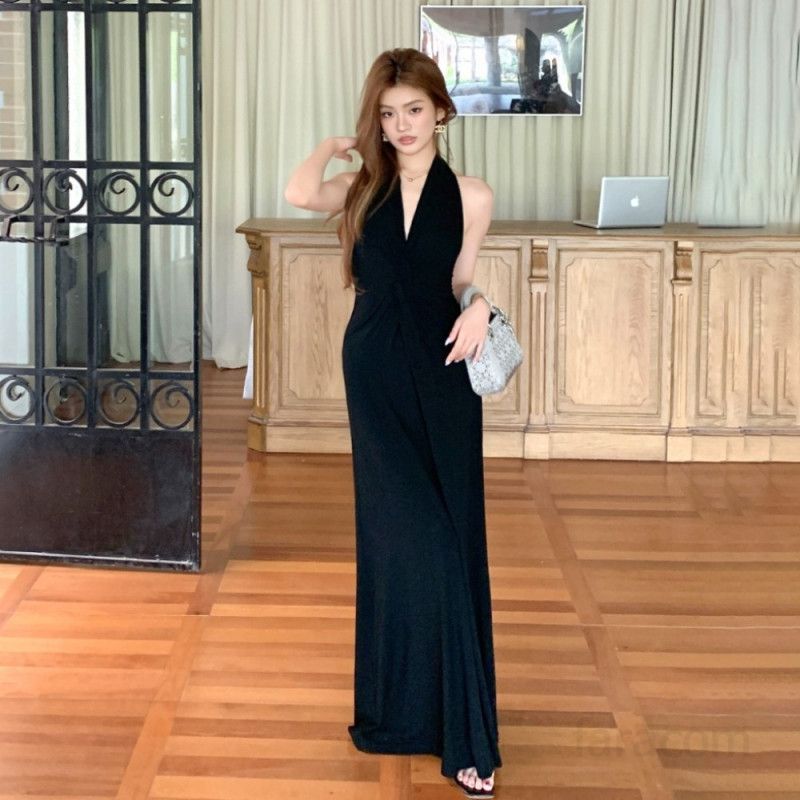 여자 봄 여름 홀터넥 백리스 꼬임 브이넥 롱 맥시 원피스 우아한 여신 드레스 슬림핏 파티룩 바캉스룩 8698 - 상품 이미지