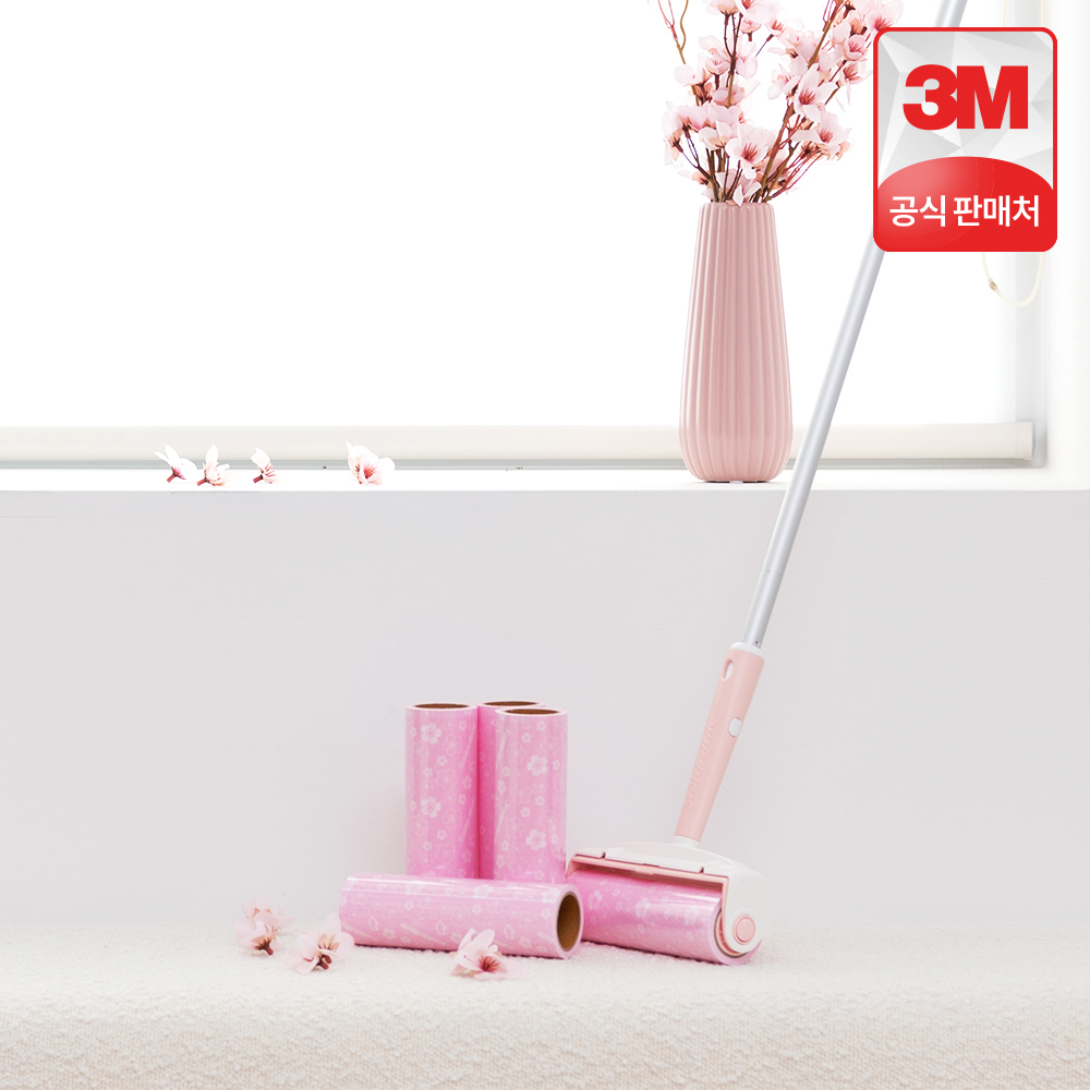 3M 스카치브라이트 돌돌이 테이프클리너 롤크리너 대형 클린컷 체리블라썸 롱핸들 밀대 세트(롱핸들 1개+리필 5입)