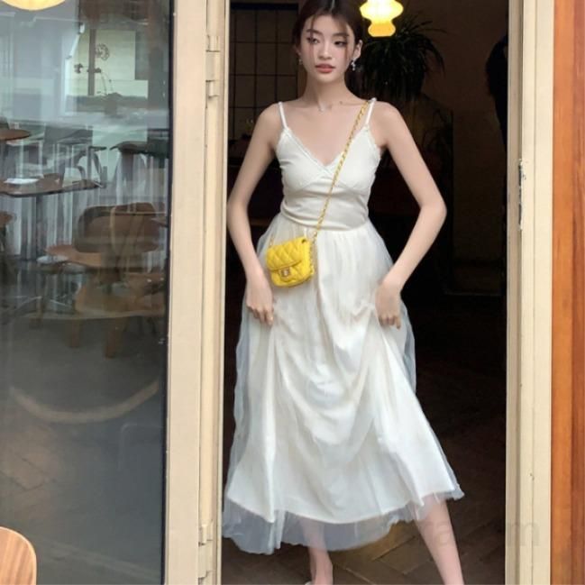 여자 봄 여름 발레코어 레이스 뷔스티에 롱원피스 골지 메쉬 시스루 슬립 데일리룩 바캉스룩 8189 - 상품 이미지