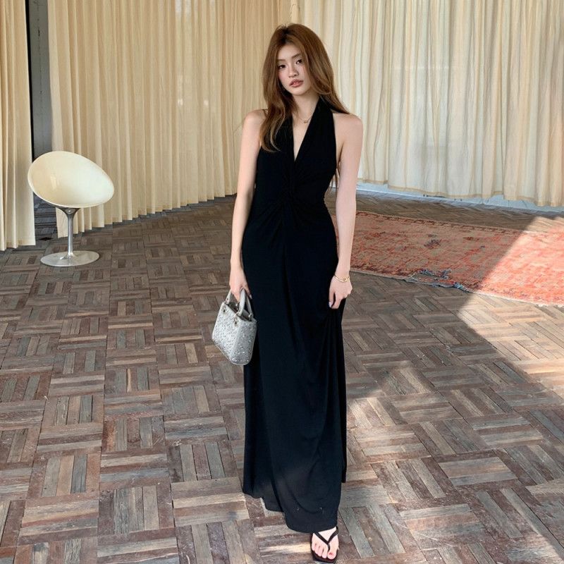 여자 봄 여름 홀터넥 백리스 꼬임 브이넥 롱 맥시 원피스 우아한 여신 드레스 슬림핏 파티룩 바캉스룩 8698 - 상세 이미지 4