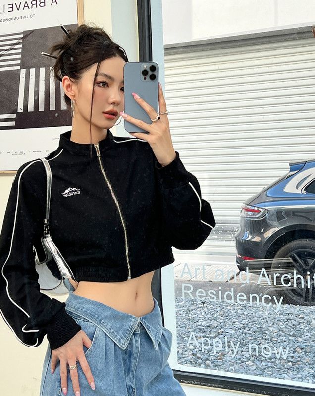 여자 봄 가을 스트릿 하이넥 크롭 집업 자켓 언발란스 사선지퍼 파이핑 배색 데일리룩 아우터 8021 - 상세 이미지 3