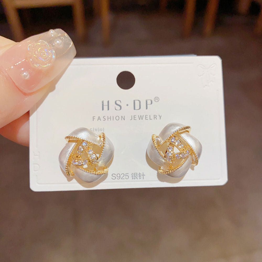 S925 우아한 14K 화이트 볼 귀걸이 은침 큐빅 포인트 이어링 - 상세 이미지 3