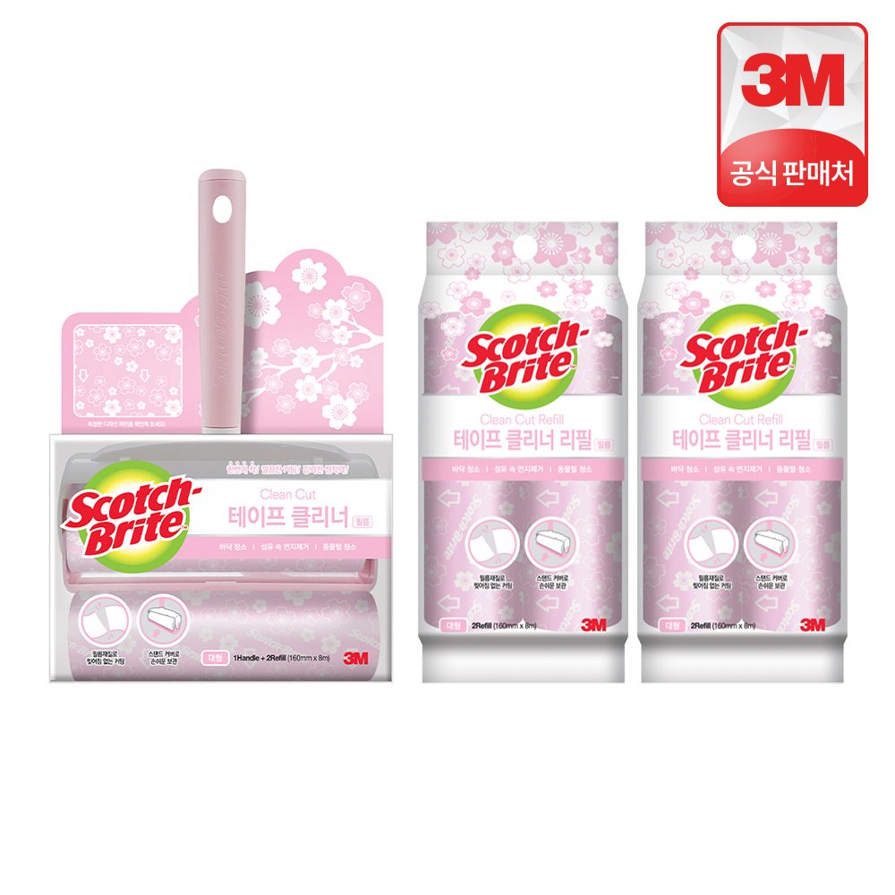 3M 스카치브라이트 돌돌이 테이프클리너 롤크리너 대형 클린컷 체리블라썸 롱핸들 밀대 세트(롱핸들 1개+리필 5입)