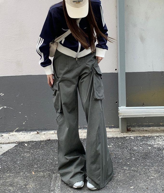 여자 봄 가을 스트릿 하이웨이스트 카고 와이드 팬츠 Y2K 힙스터 데일리룩 롱 코튼 면바지 4650 - 상세 이미지 2