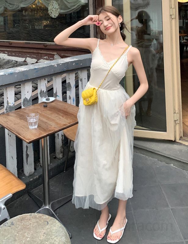 여자 봄 여름 발레코어 레이스 뷔스티에 롱원피스 골지 메쉬 시스루 슬립 데일리룩 바캉스룩 8189 - 상세 이미지 2
