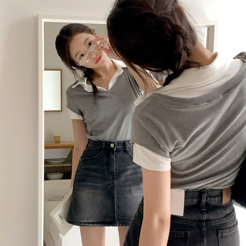 티모 배색 레이어드 카라 반팔 티셔츠 ts4661 - 상세 이미지 3