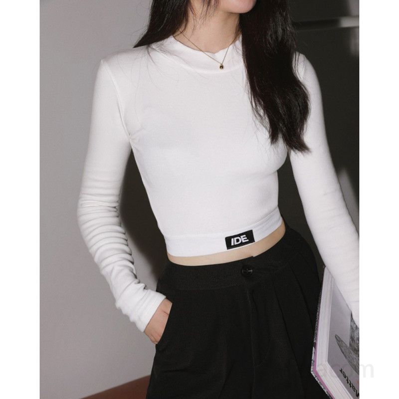 여자 봄 가을 라운드넥 슬림핏 골지 긴팔 크롭 티셔츠 기모 스판 베이직 데일리룩 이너티 6053 - 상품 이미지