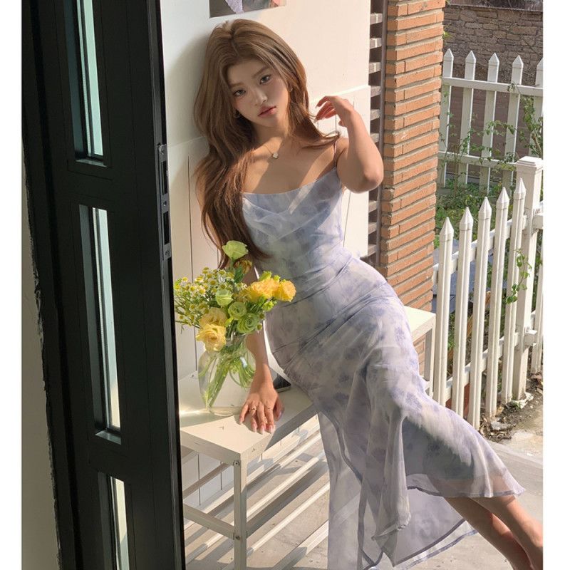 여자 봄 여름 우아한 나염 플라워 머메이드 롱원피스 백리스 코르셋 슬림핏 파티룩 바캉스룩 8389 - 상세 이미지 3