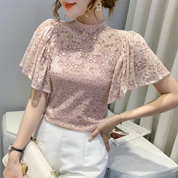 레이스 블라우스 하이넥 스포츠 라틴 라인댄스복 티셔츠 댄스 나팔소매 반팔 의상 - 상품 이미지