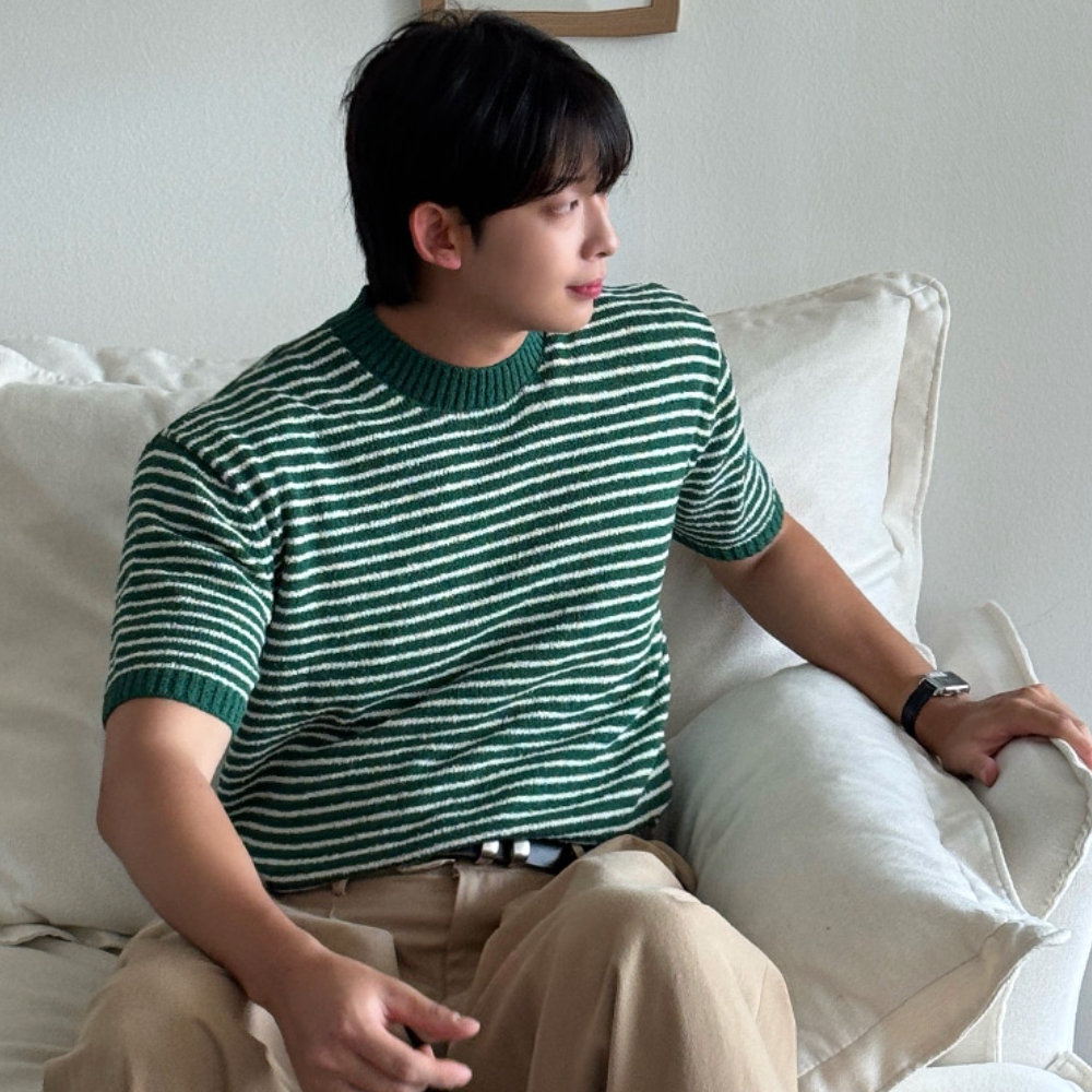 남자 데비 여름 쿨링 부클 스트라이프 반팔니트 - 상세 이미지 2