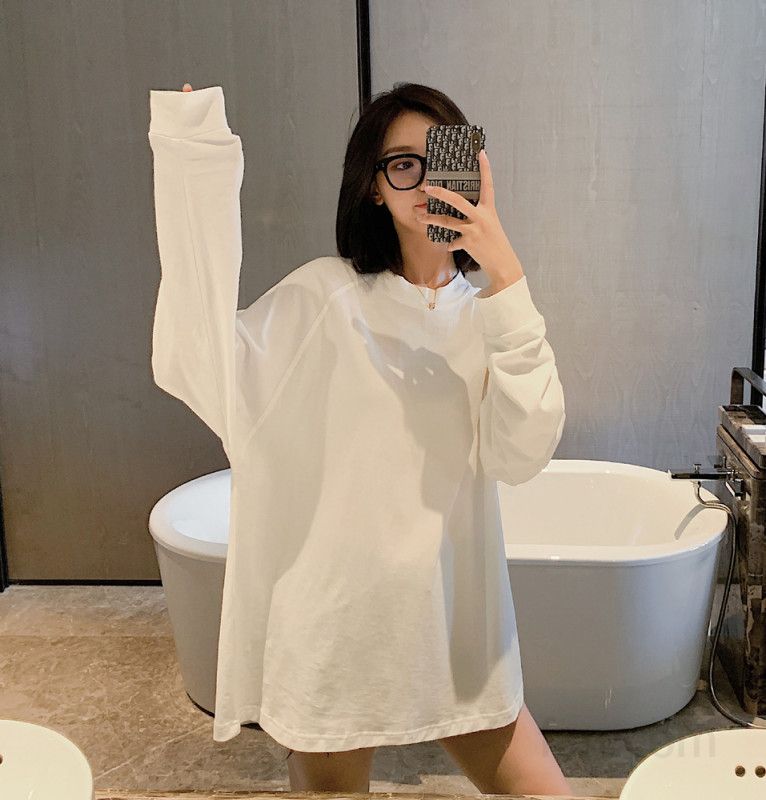 여자 봄 가을 오버핏 라운드넥 긴팔 롱티셔츠 박시핏 하의실종 데일리룩 미니원피스 면 맨투맨 3974 - 상세 이미지 3